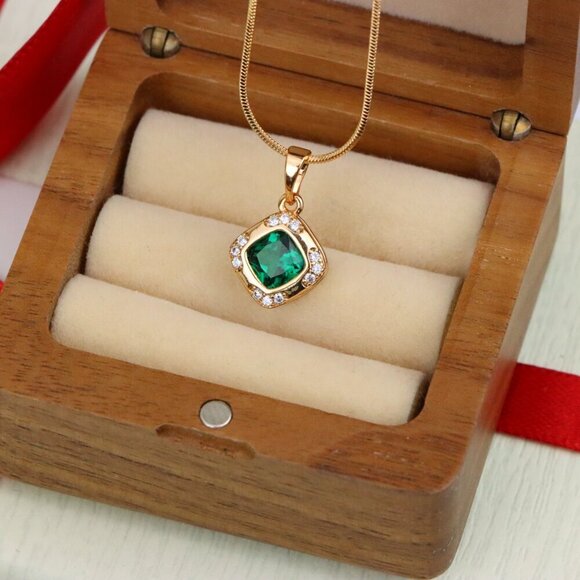 "Green Cushion Stone Pendant in Gold Plated Brass with Crystal Halo, XPPT1768 - Picture 10 of 14